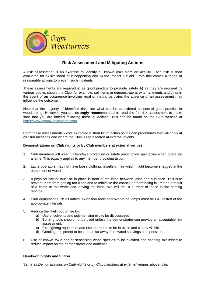 Risk Assessment Mitigating Actions
